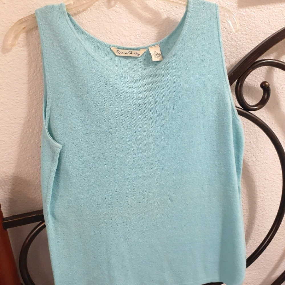 Elegant French Laundry light aqua blue luxury linen and cotton knit tank top